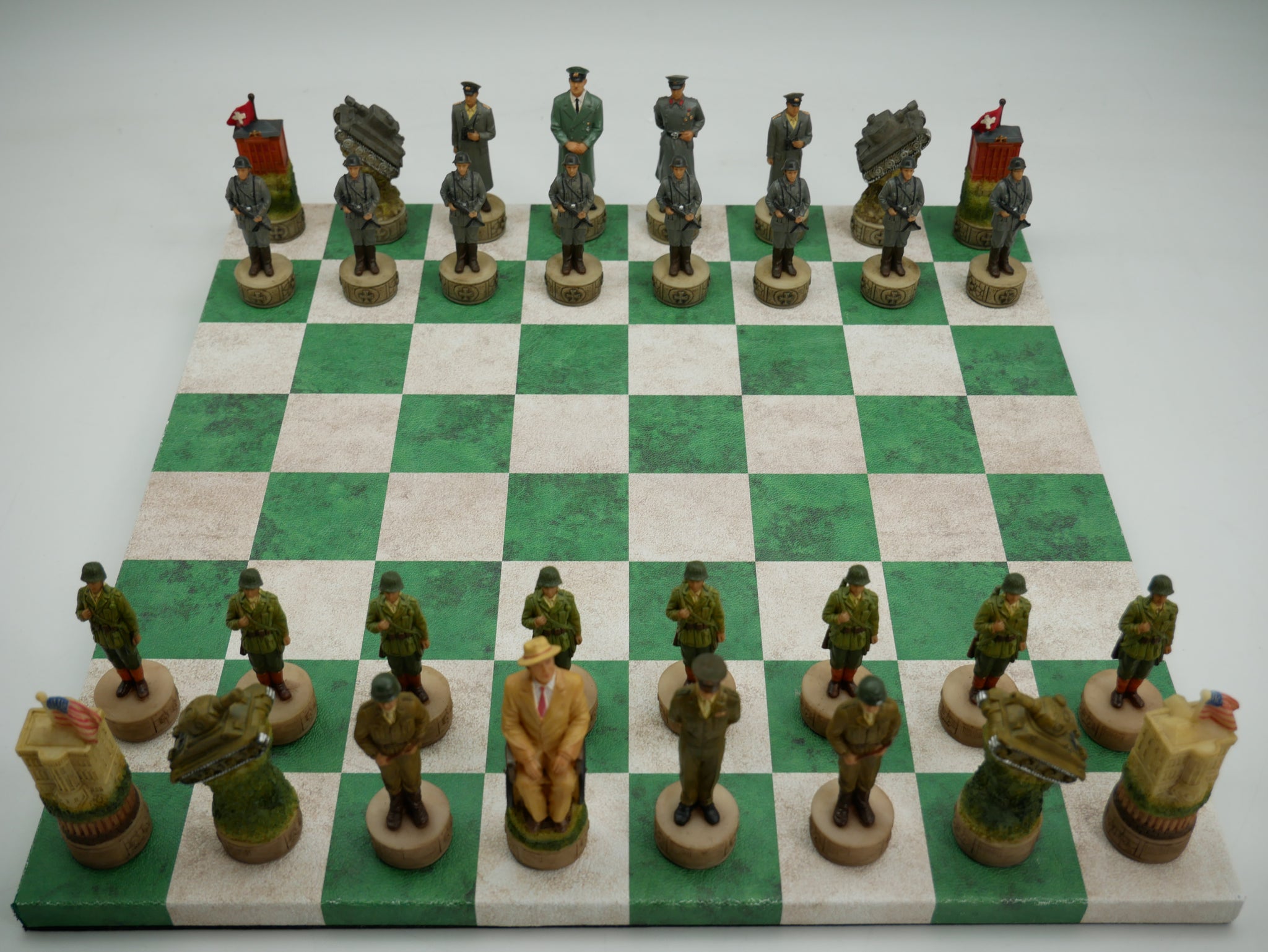 Chess Set - World War II Chessmen on Green & Cream Faux Leatherette Chess Board